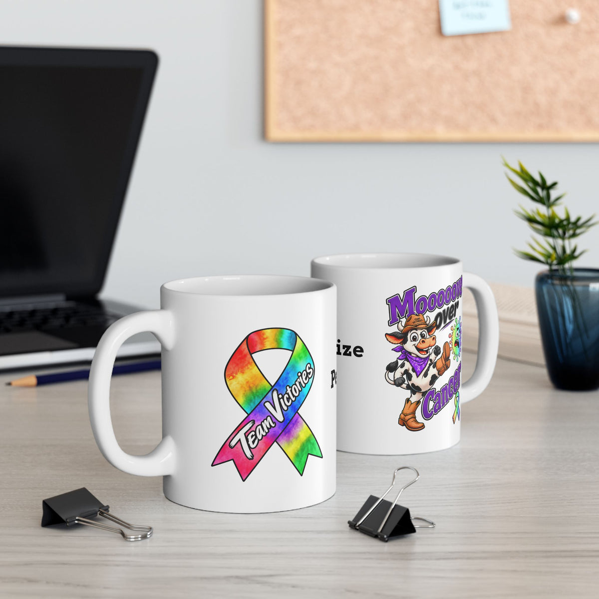 Moooove Over Cancer and Team Victories mugs with all-cancer awareness ribbon artwork