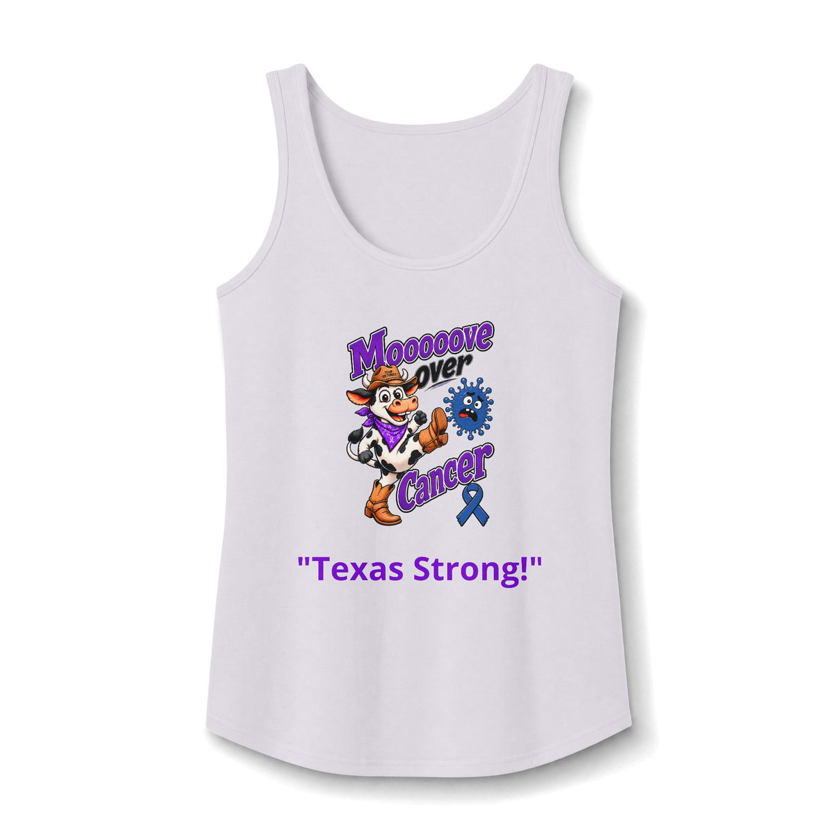 Moooove Over Cancer Texas Strong tank top with Colon Cancer awareness ribbon in white