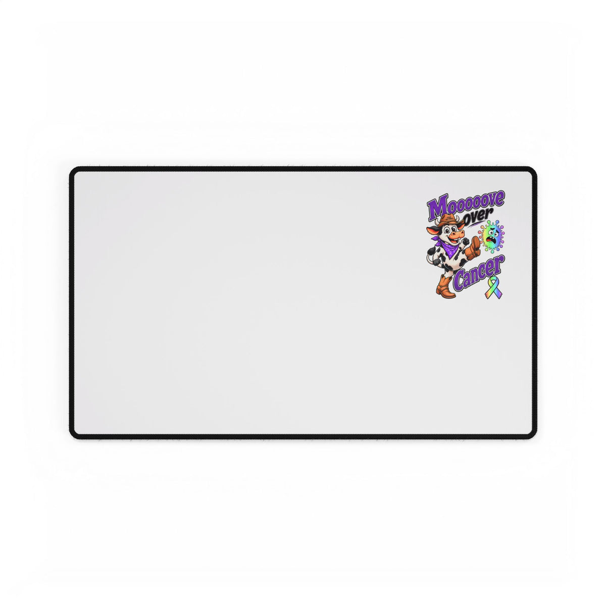 Moooove Over Cancer desk mat in a medium rectangular size with all-cancer awareness ribbon