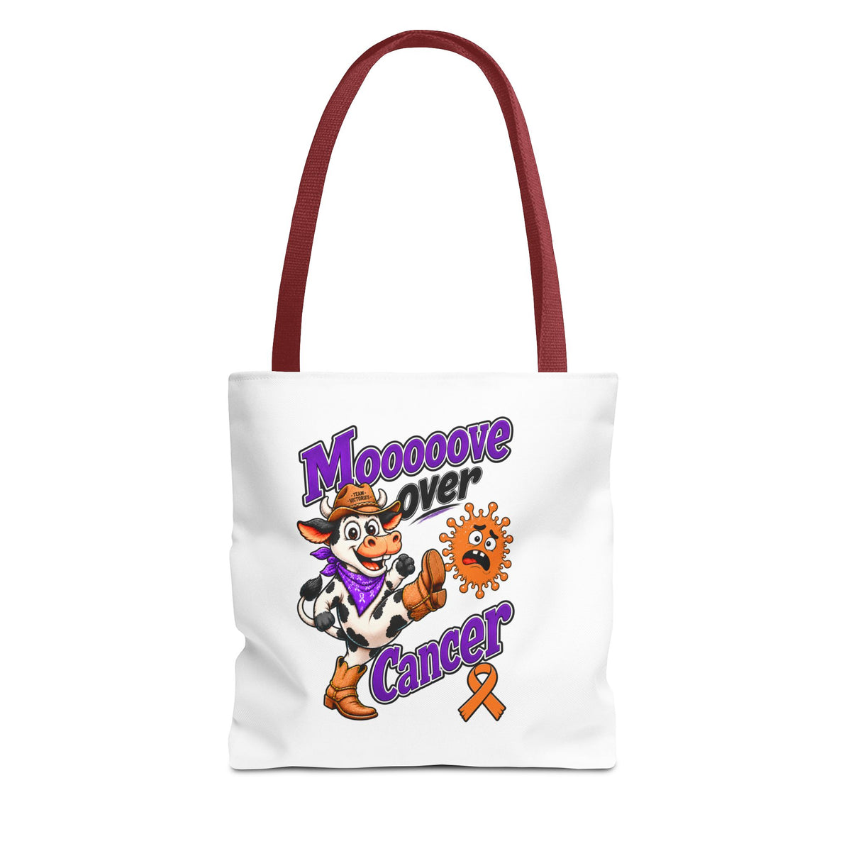 Moooove Over Cancer tote worn on the back with cow artwork and awareness ribbon