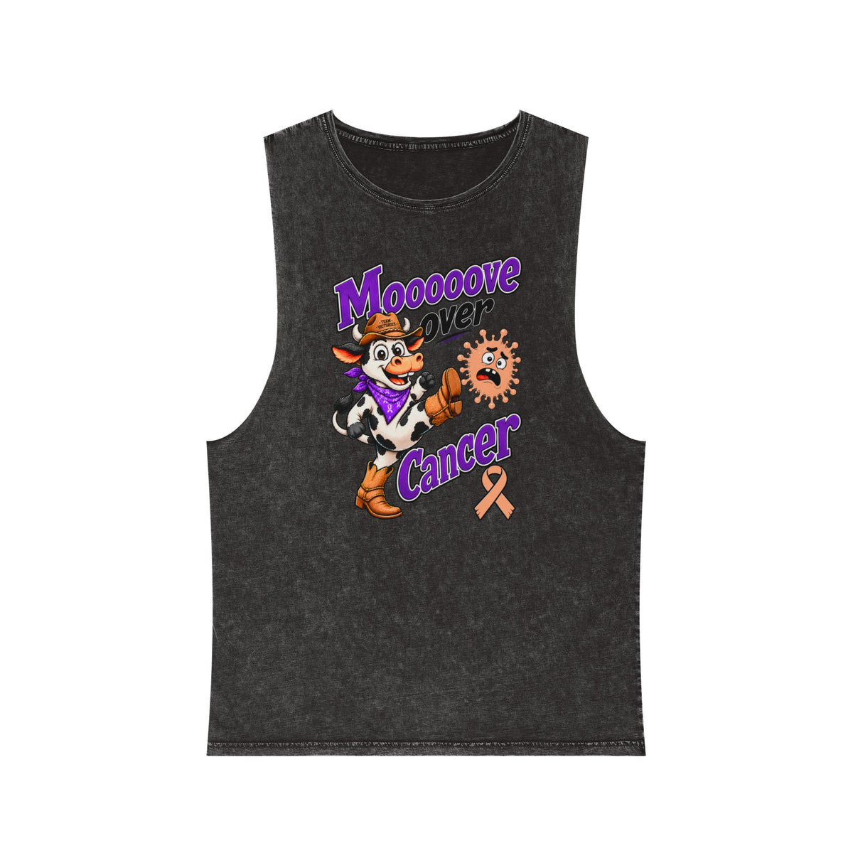 Moooove Over Cancer stonewash tank top with cowgirl character and peach Uterine Cancer awareness ribbon