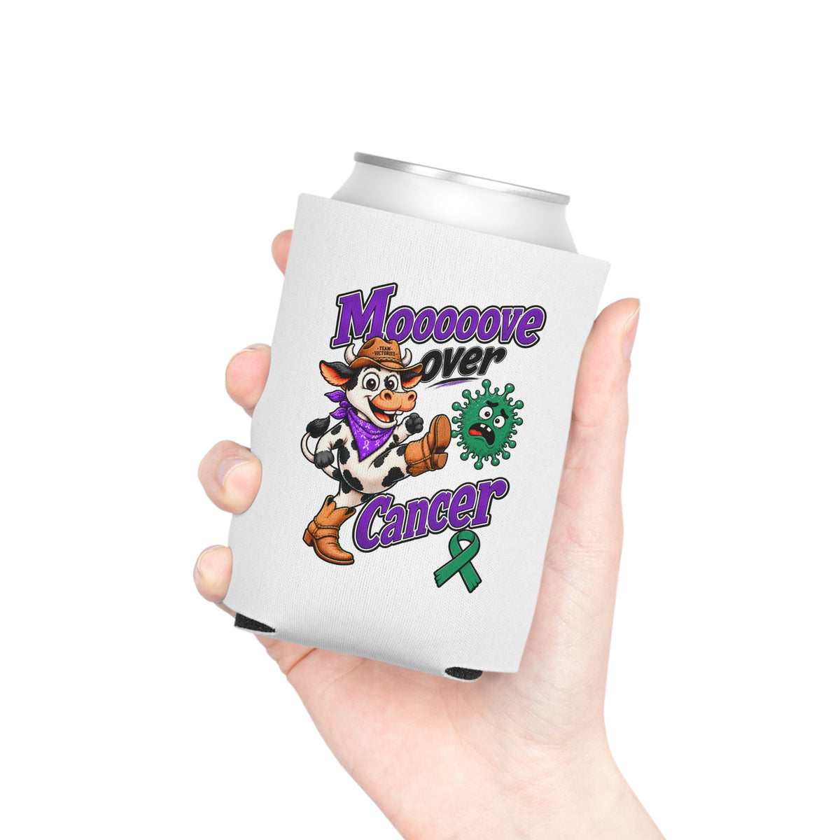 Hand holding a Moooove Over Cancer can cooler with cow artwork and green ribbon