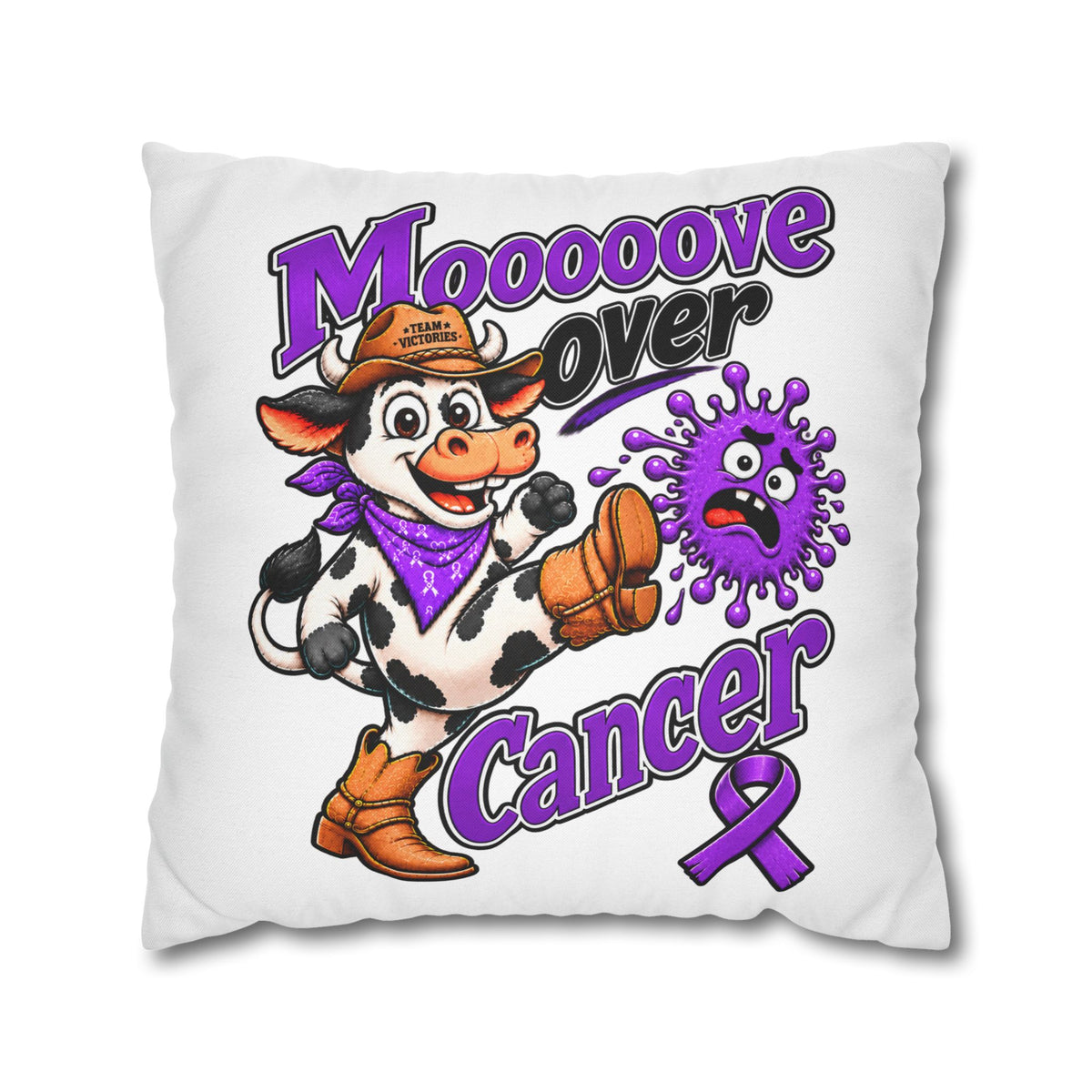 Reverse of Moooove Over Cancer pillowcase with Team Victories Pancreatic Cancer awareness ribbon design