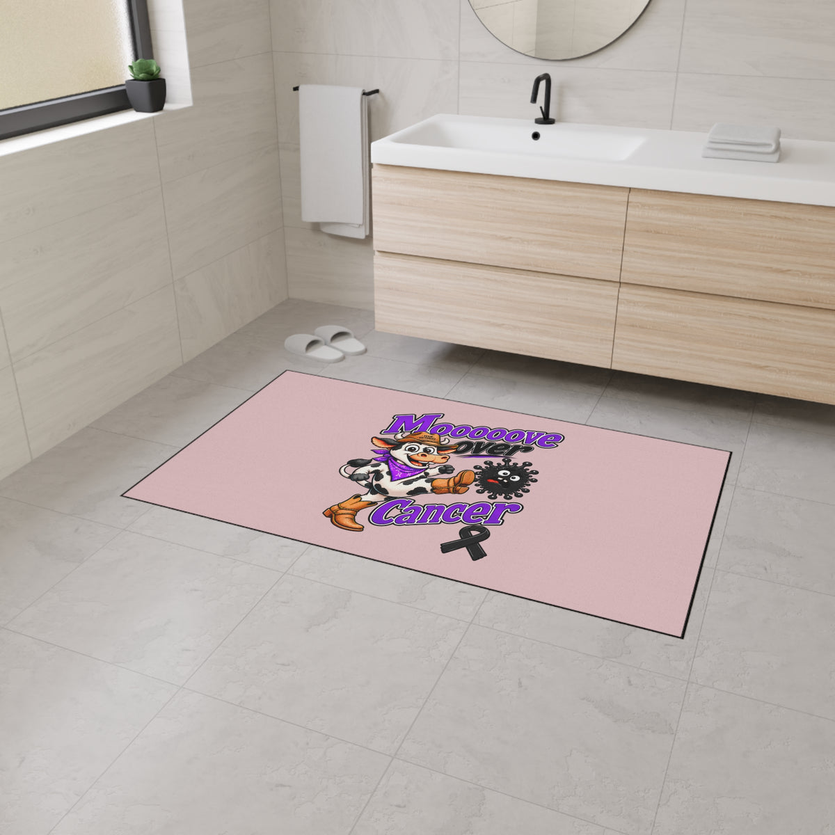 Moooove Over Cancer floor mat shown beneath a bathroom vanity