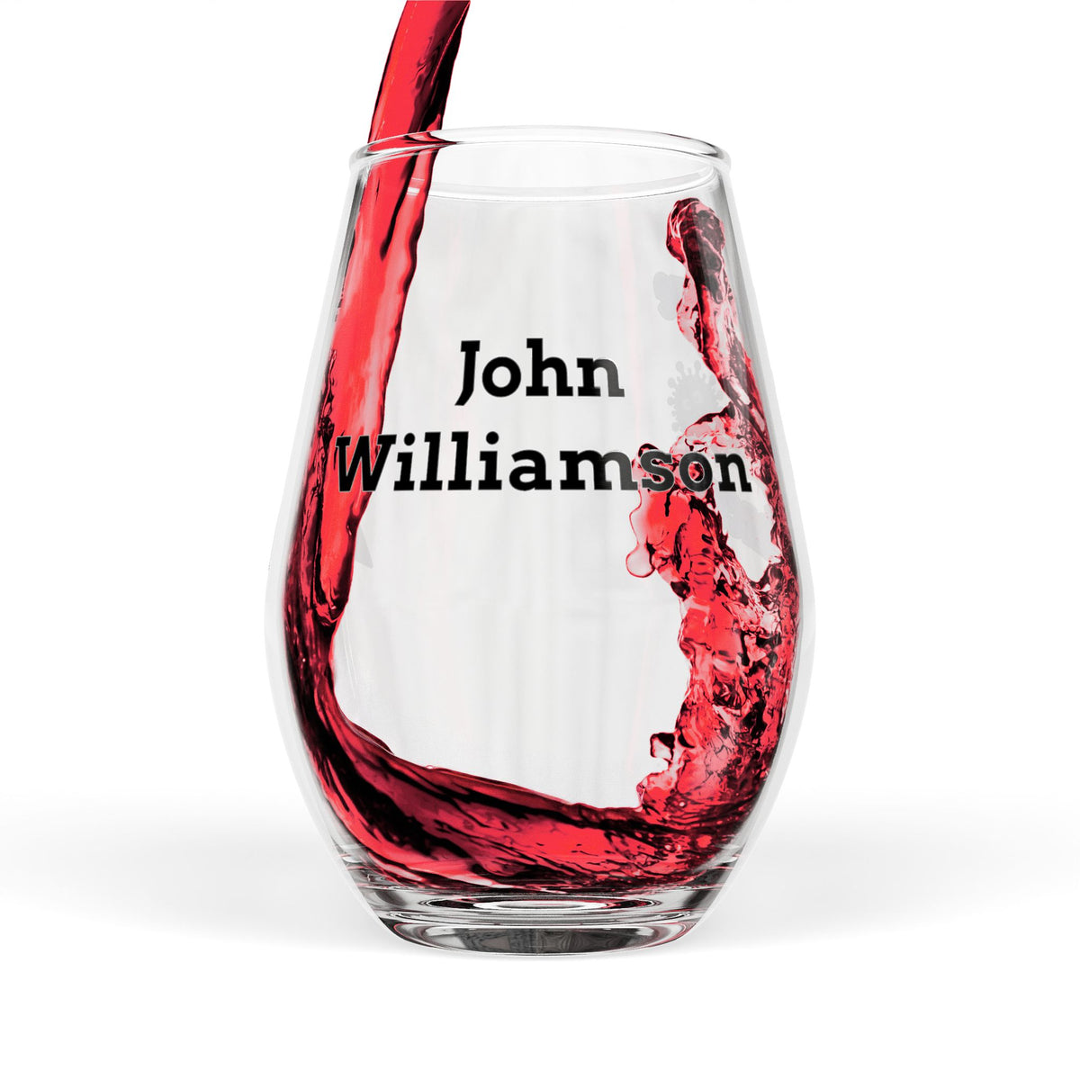 Personalized stemless wine glass with red wine and the name John Williamson