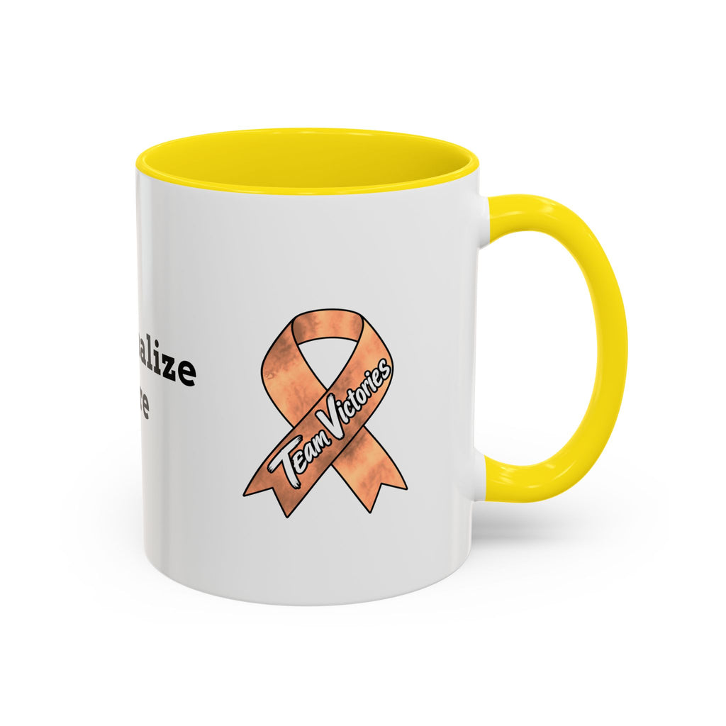 Moooove Over Cancer mug with colorful artwork, green handle, and peach Uterine Cancer awareness ribbon
