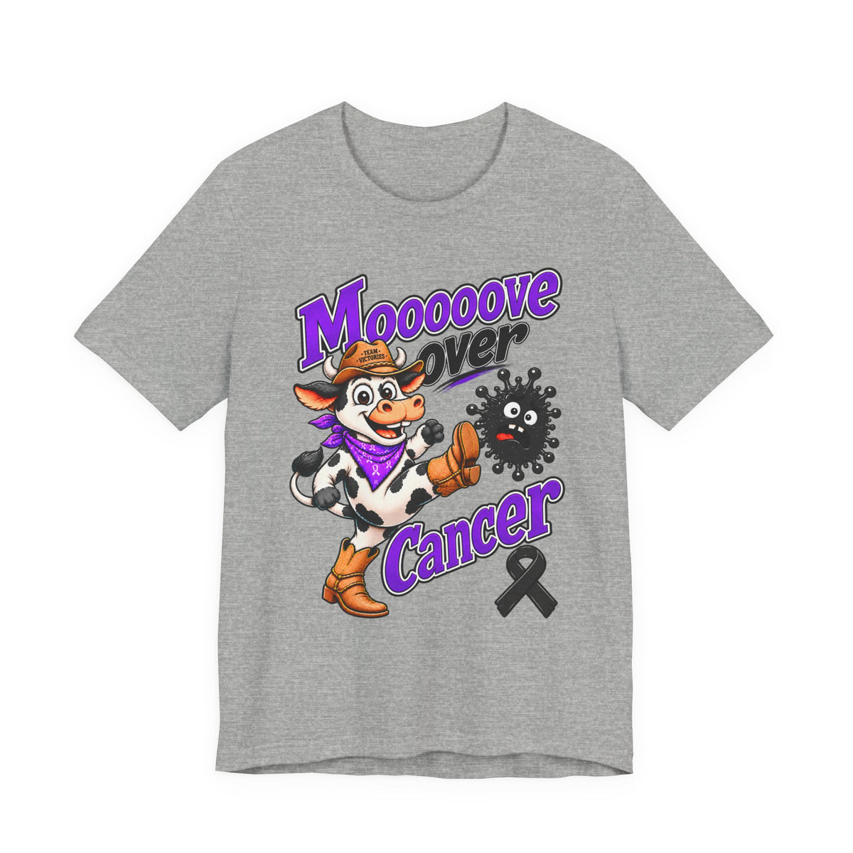 Blue Moooove Over Cancer T-shirt featuring cow artwork and awareness ribbon