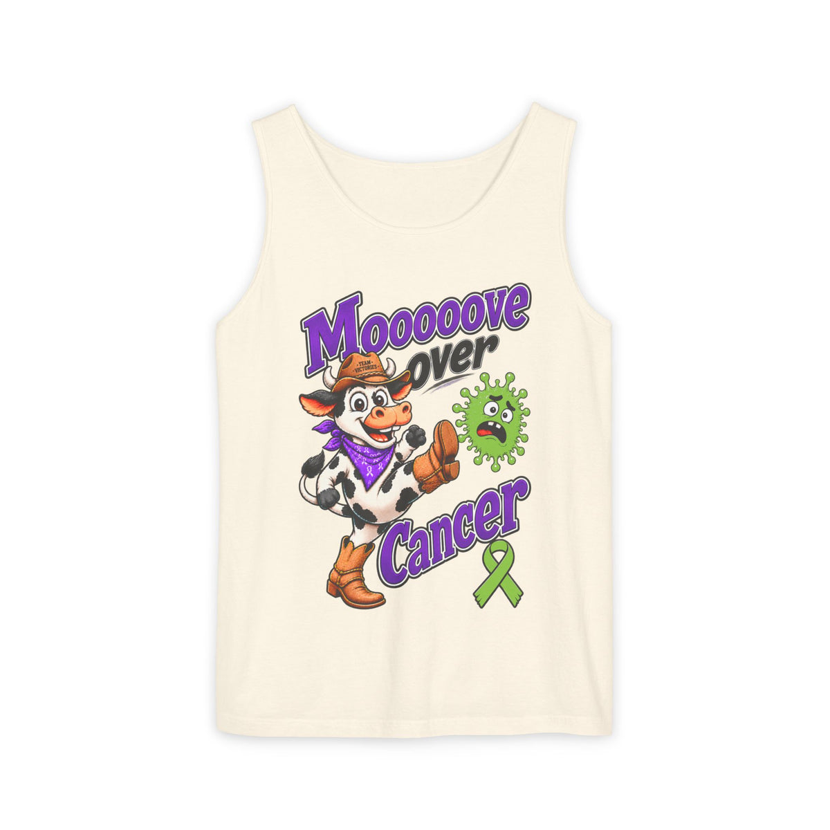 Moooove Over Cancer tank top with cow artwork on cream fabric