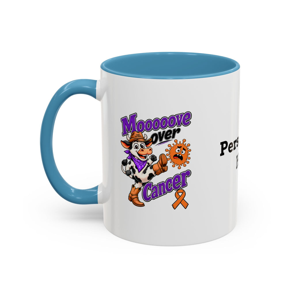 Moooove Over Cancer mug featuring character artwork and an orange accent handle
