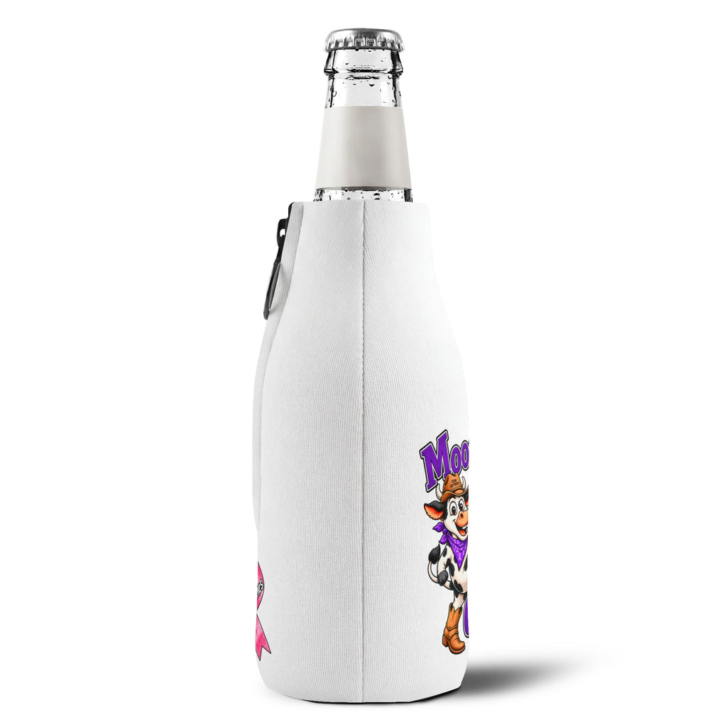 Side view of Moooove Over Cancer bottle cooler sleeve showing the full-color Breast Cancer awareness design