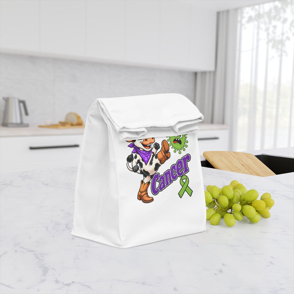 Moooove Over Cancer lunch bag with cowgirl artwork and magnetic fold-over flap