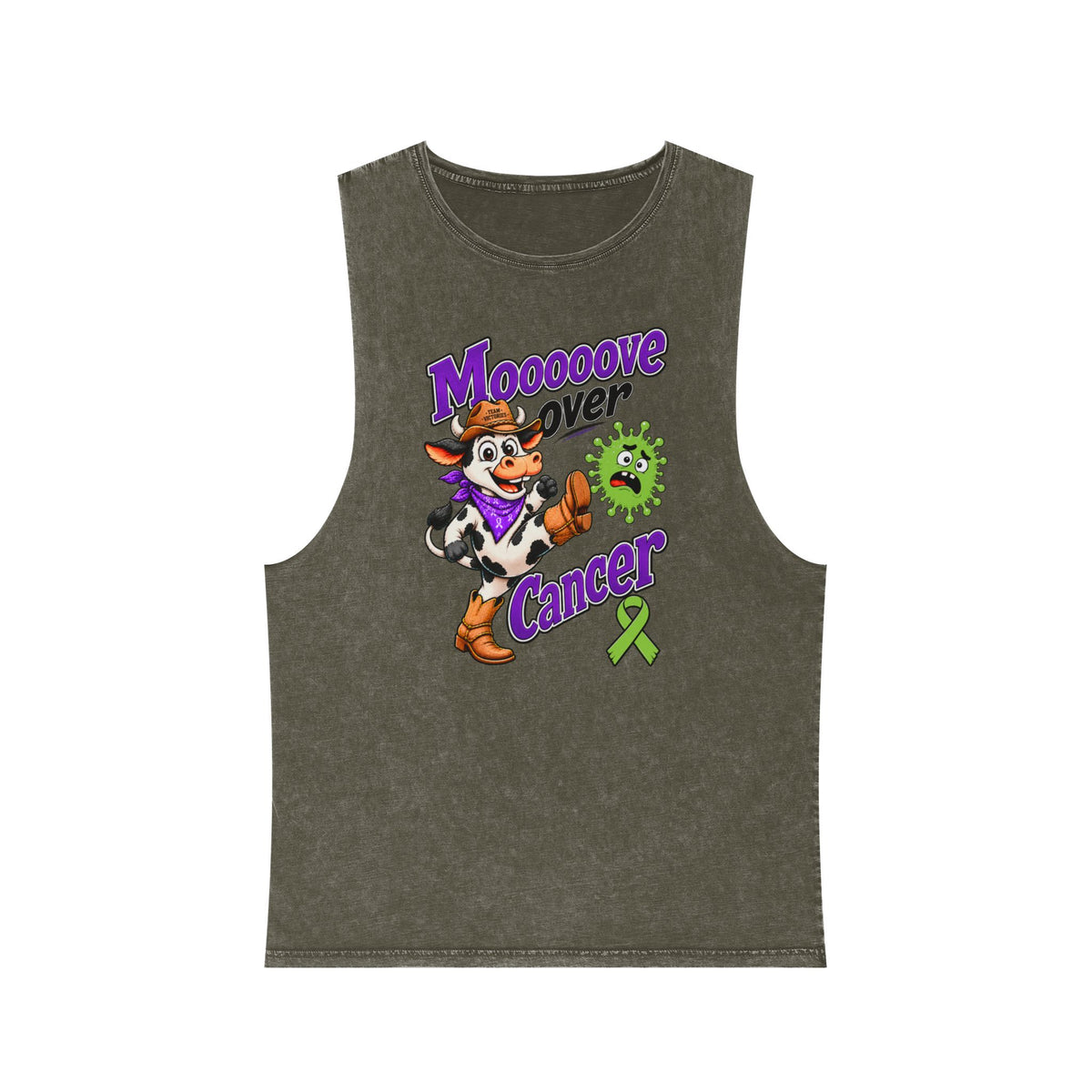 Moooove Over Cancer stonewashed tank top in olive with awareness artwork