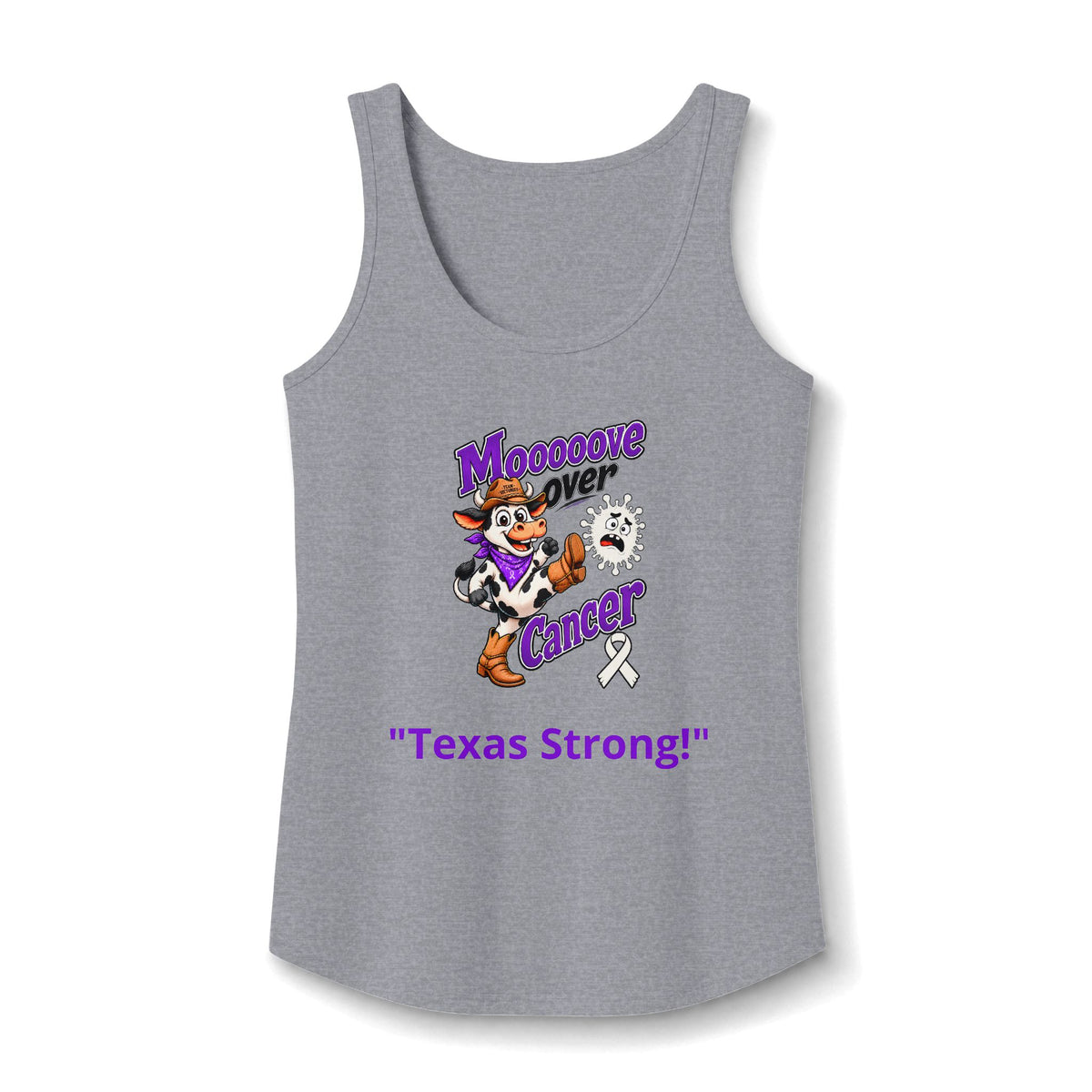 Heather gray Moooove Over Cancer Texas Strong tank top with Lung Cancer awareness ribbon