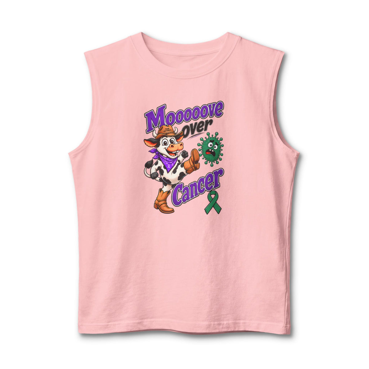 Pink Moooove Over Cancer tank top with cow artwork and green Liver Cancer awareness ribbon
