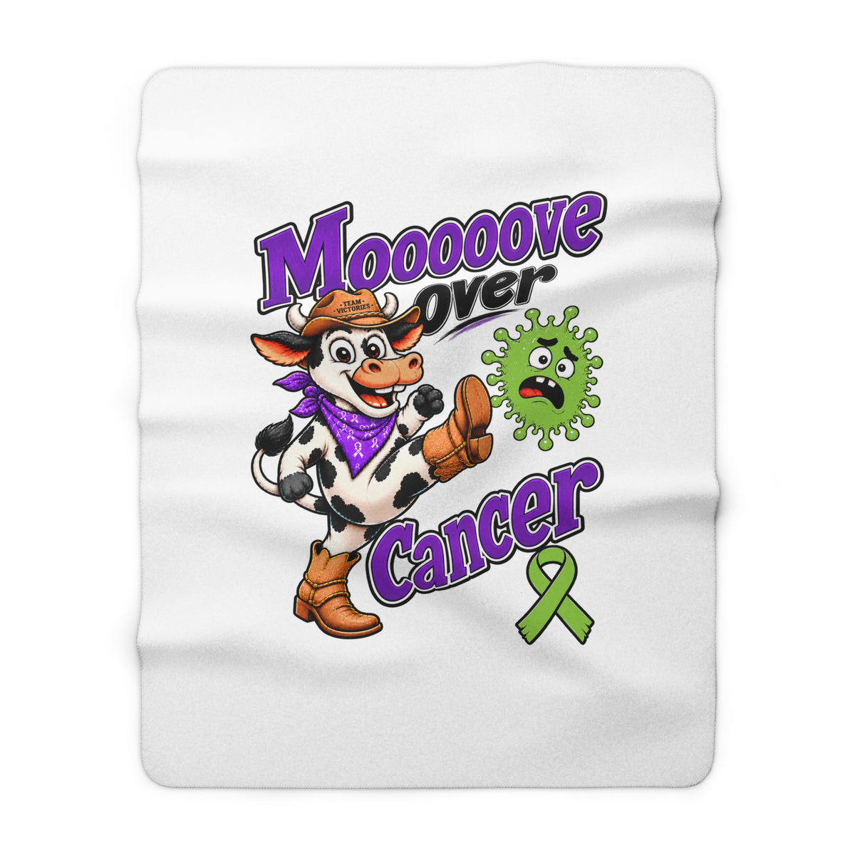 Moooove Over Cancer blanket front view with cow character and Non-Hodgkin/Lymphoma Cancer awareness ribbon