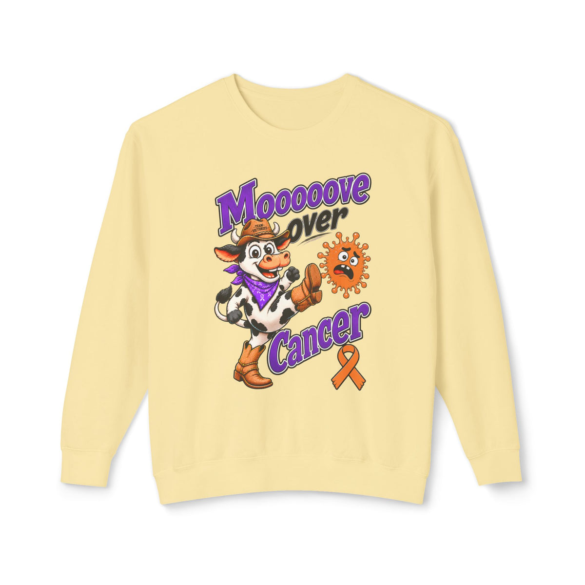 Cream Moooove Over Cancer sweatshirt with cow graphic and Leukemia/Kidney Cancer awareness ribbon
