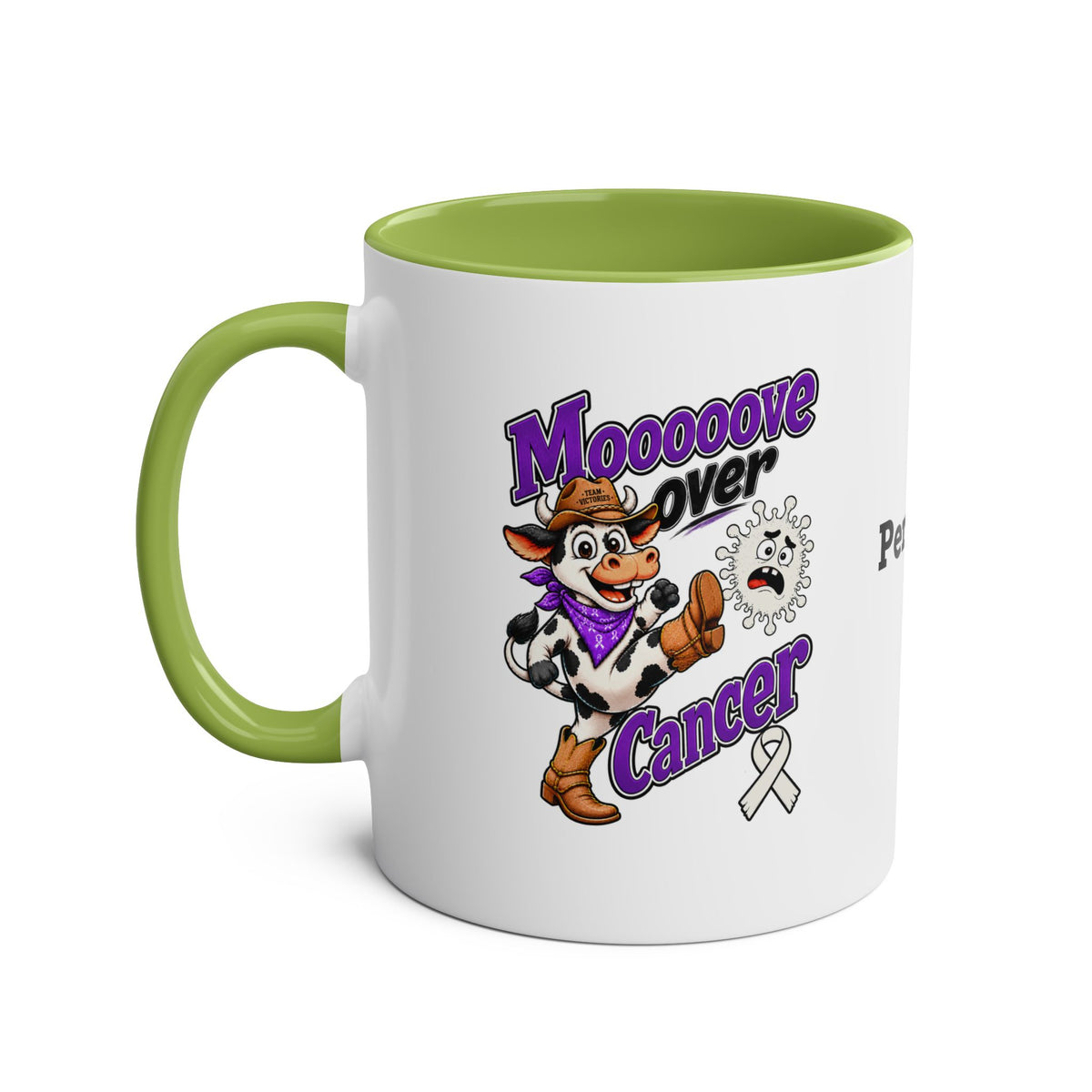Moooove Over Cancer two-tone mug with green interior and handle