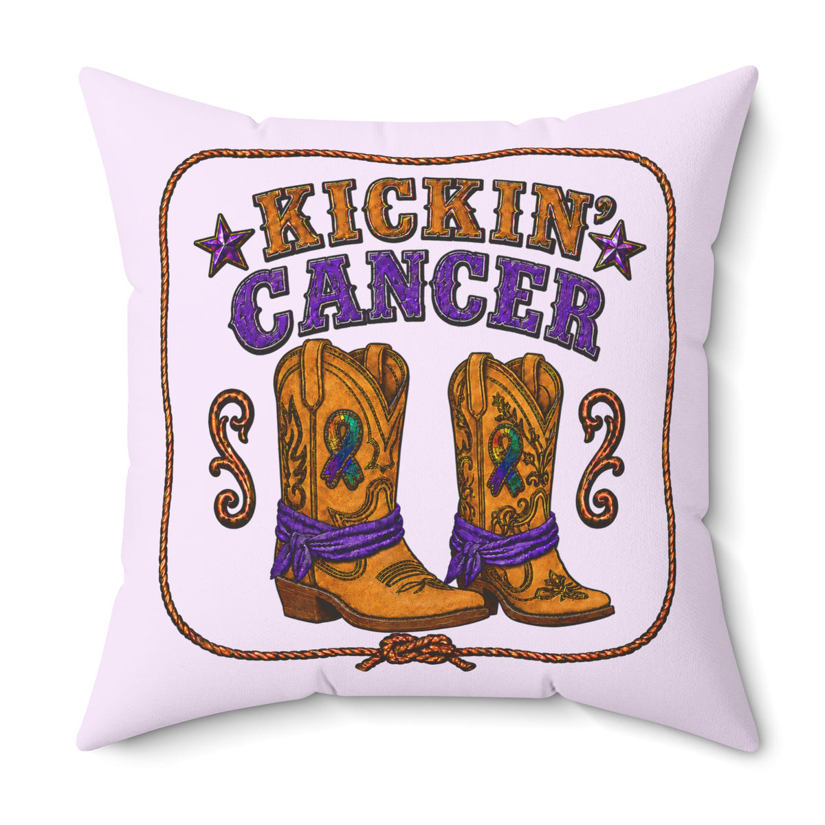 Lavender Kickin' Cancer throw pillow with cowboy boot and awareness ribbon artwork, 28-inch square