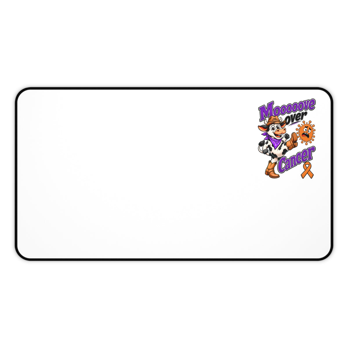 Moooove Over Cancer mouse pad showing the cow design and Leukemia/Kidney Cancer awareness ribbon