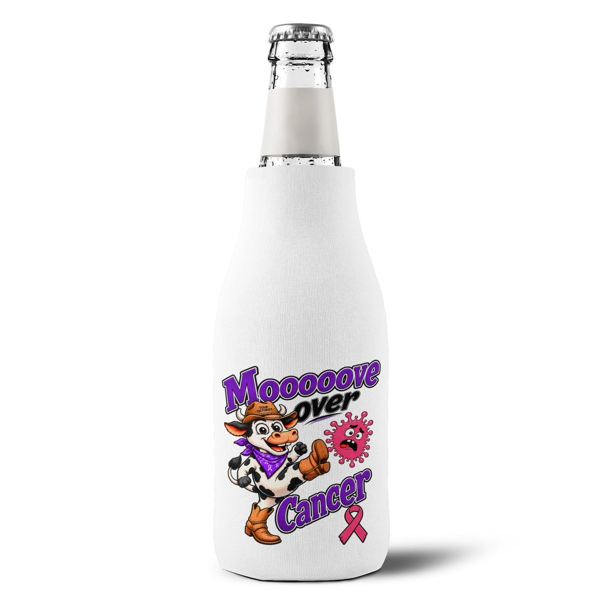 Moooove Over Cancer bottle cooler sleeve fitted around a glass bottle with Breast Cancer awareness artwork
