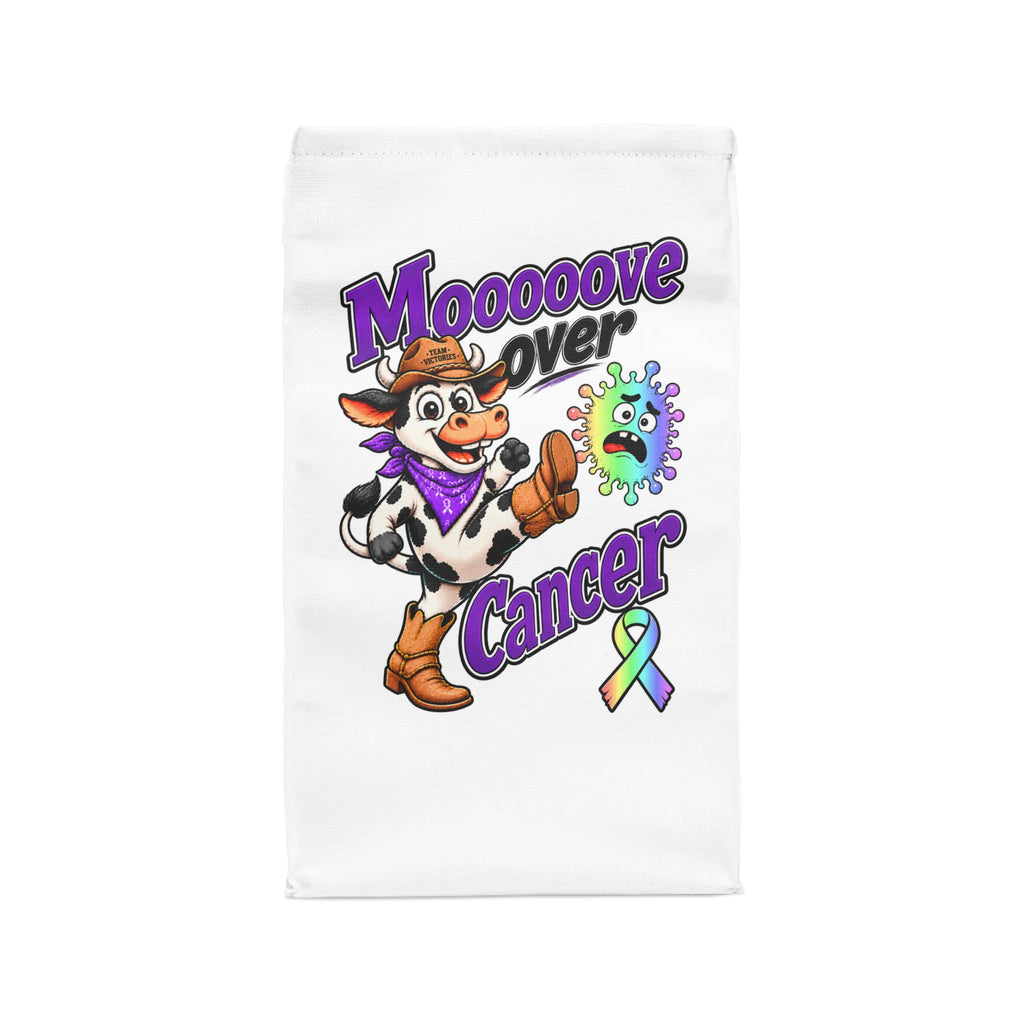 Moooove Over Cancer cow artwork and awareness ribbon on a Team Victories lunch bag