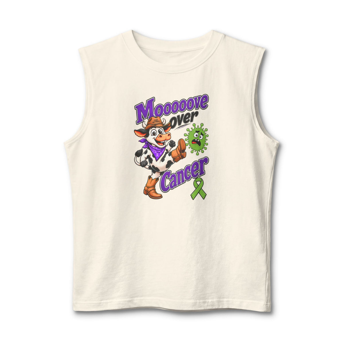 Cream Moooove Over Cancer tank top with cowgirl artwork and Non-Hodgkin/Lymphoma Cancer awareness ribbon