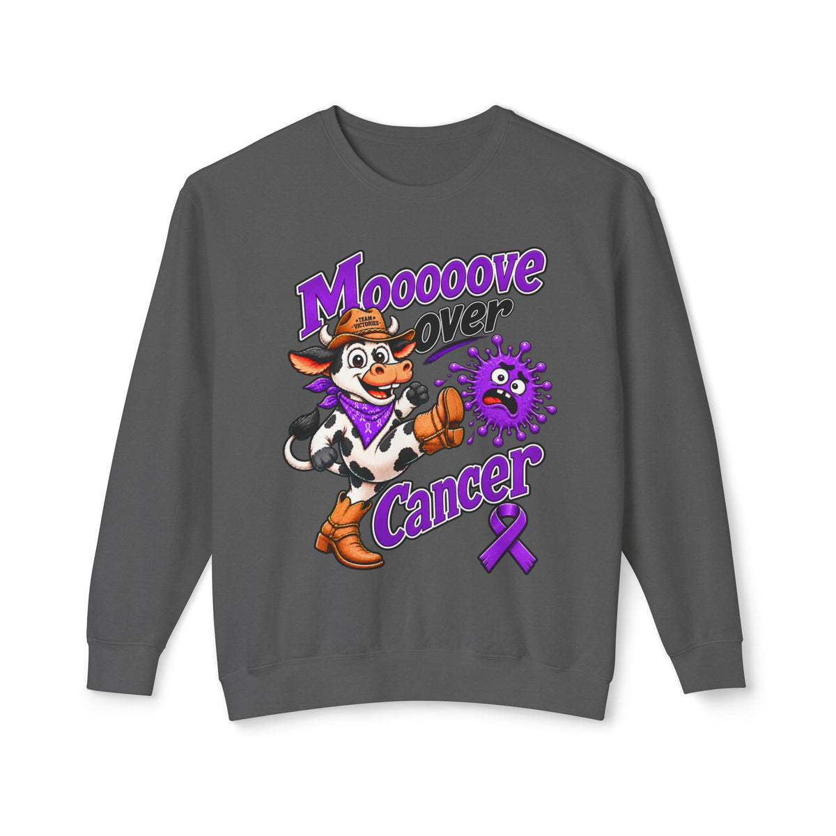Cream Moooove Over Cancer crewneck sweatshirt with cow artwork and Pancreatic Cancer awareness ribbon
