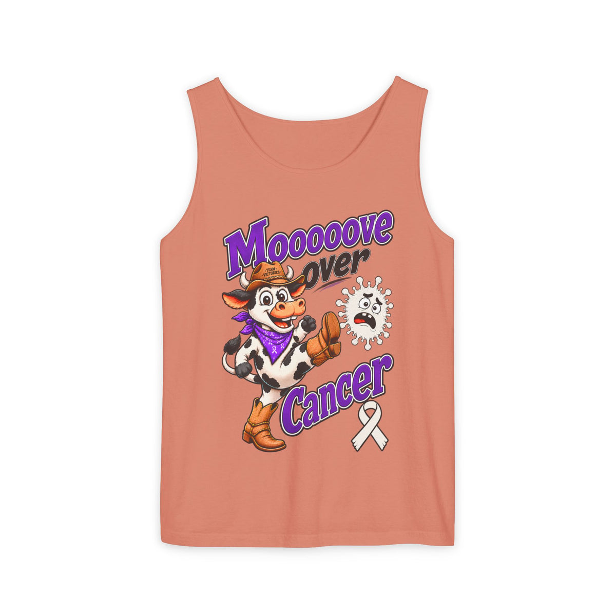 Moooove Over Cancer tank top with cow design and Lung Cancer awareness ribbon in coral