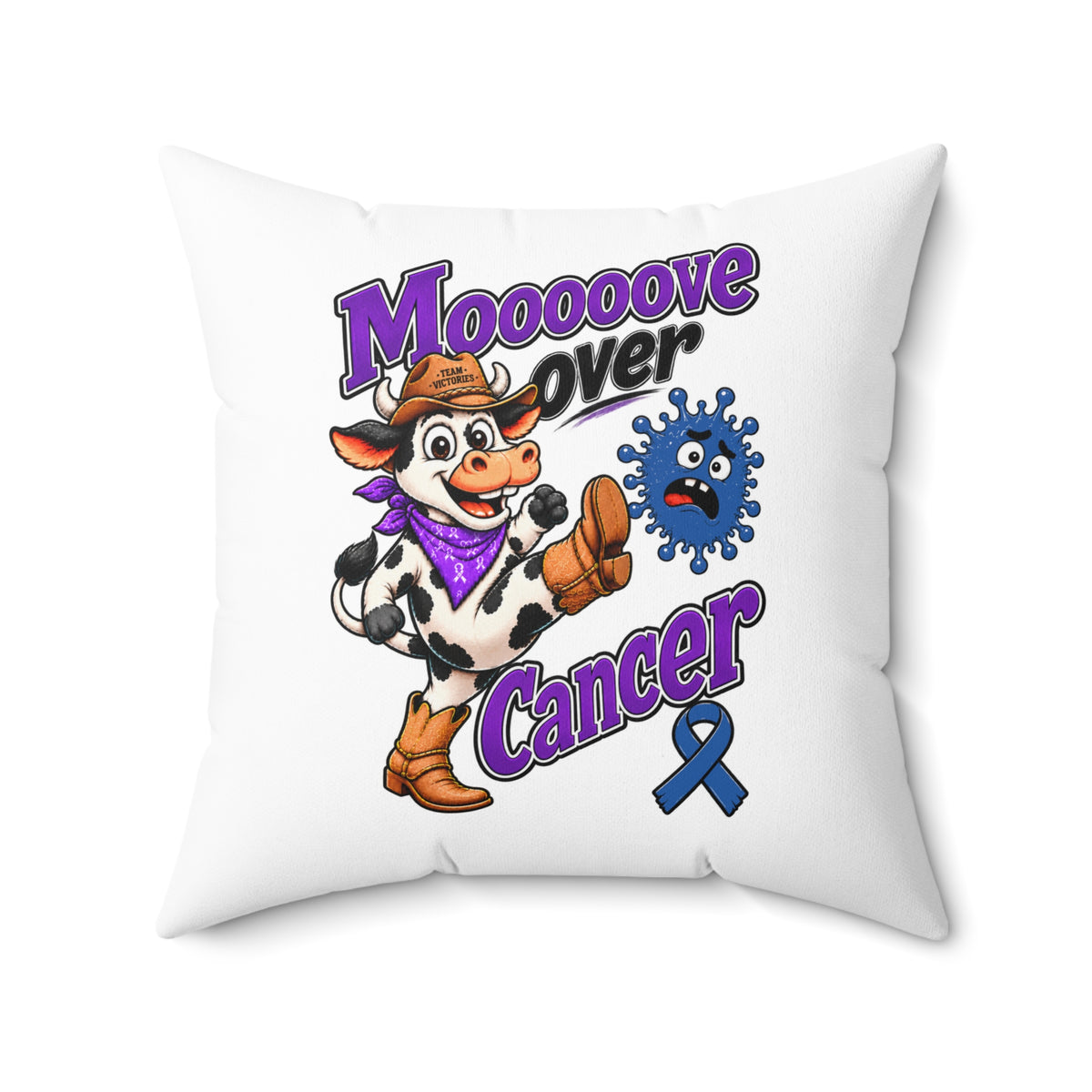 Moooove Over Cancer pillow with colorful cowgirl artwork and Colon Cancer awareness ribbon
