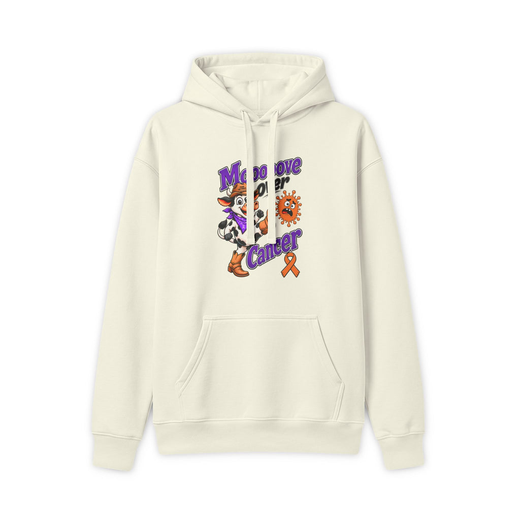 Mooove Over Cancer hoodie with character design and Leukemia/Kidney Cancer awareness ribbon