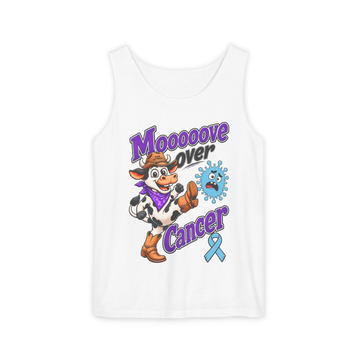 Moooove Over Cancer tank top in white with cow graphic and blue Prostate Cancer awareness ribbon