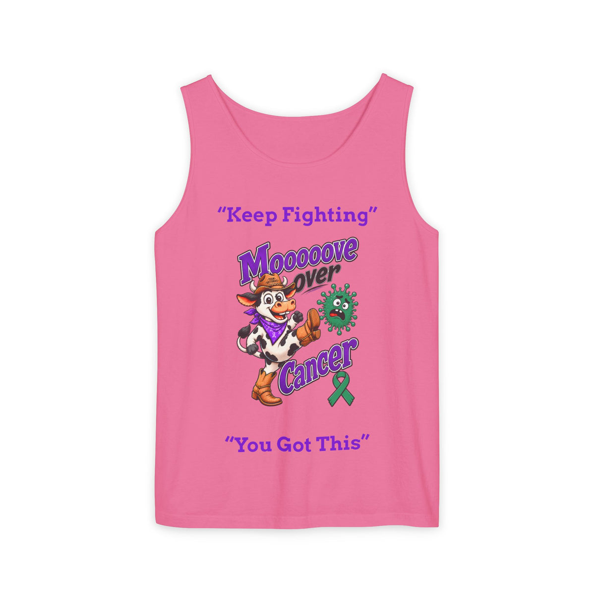 Woman modeling a white Moooove Over Cancer tank top with Keep Fighting artwork