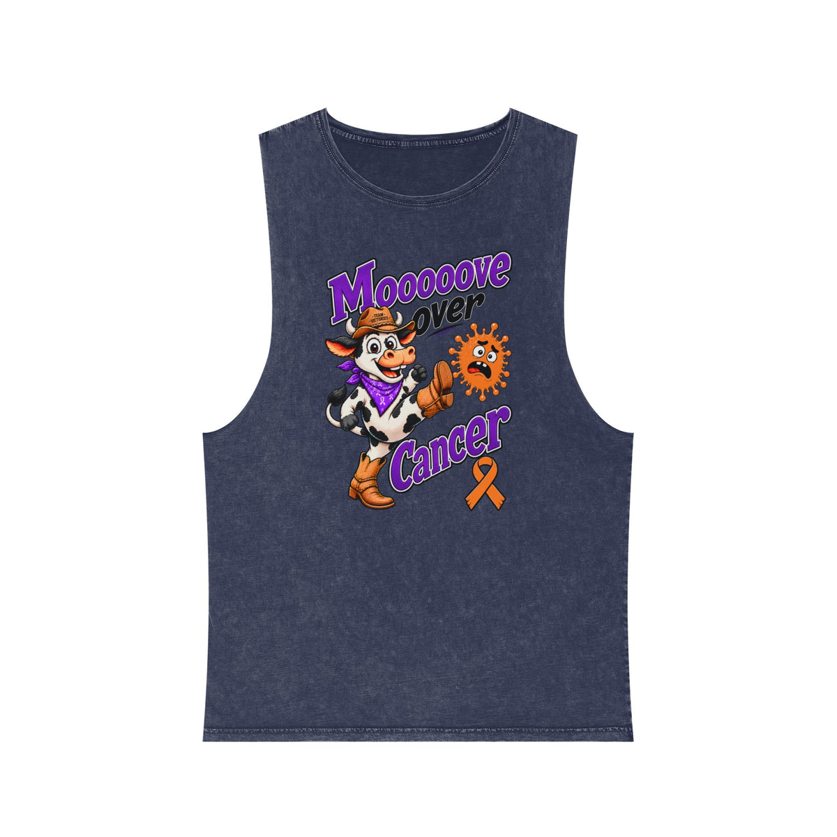 Moooove Over Cancer tank top with cow graphic and Leukemia/Kidney Cancer awareness ribbon, navy front