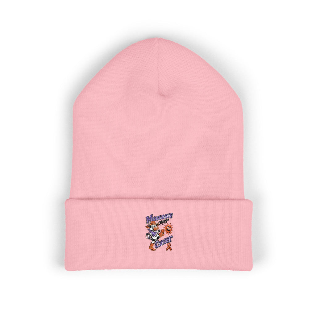 Pink Moooove Over Cancer embroidered cuffed beanie with awareness ribbon artwork