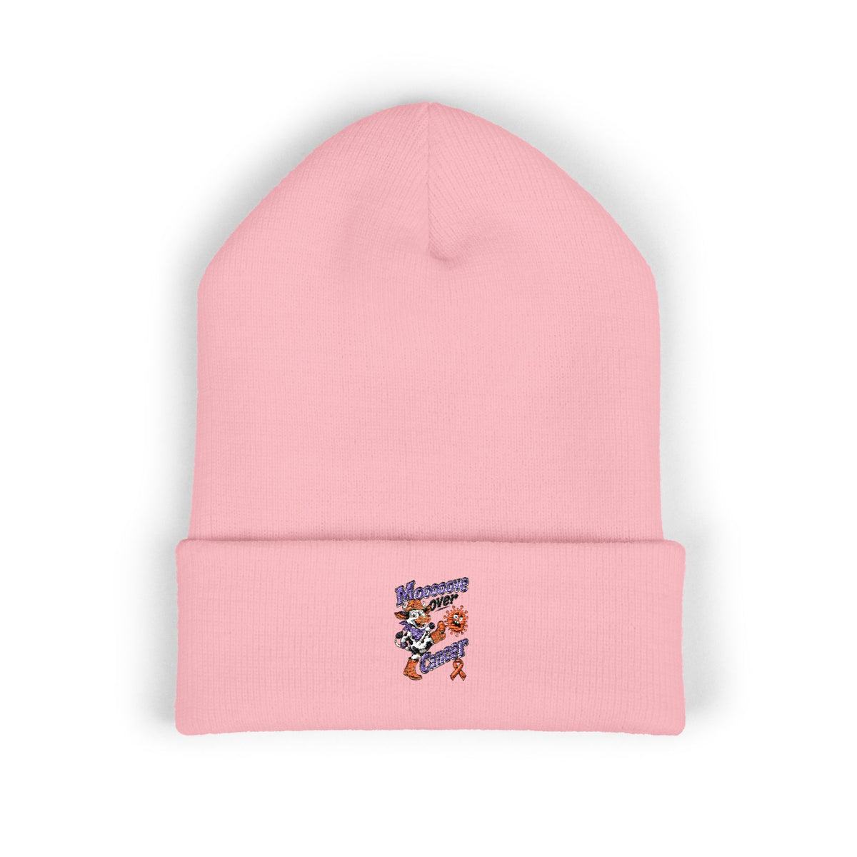Pink Moooove Over Cancer embroidered cuffed beanie with awareness ribbon artwork
