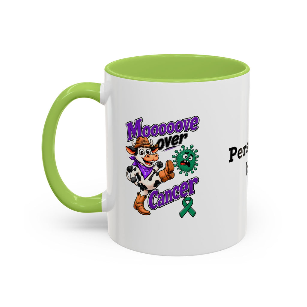 Moooove Over Cancer mug with a lime accent and Team Victories ribbon design