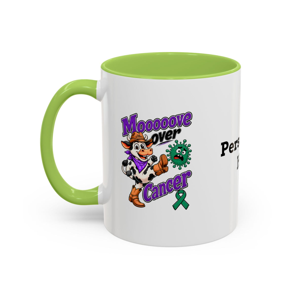 Moooove Over Cancer mug with a lime accent and Team Victories ribbon design