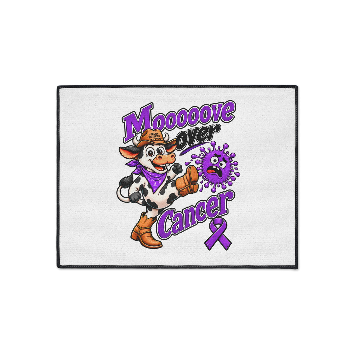 Moooove Over Cancer mat featuring playful cow artwork and Pancreatic Cancer awareness ribbon