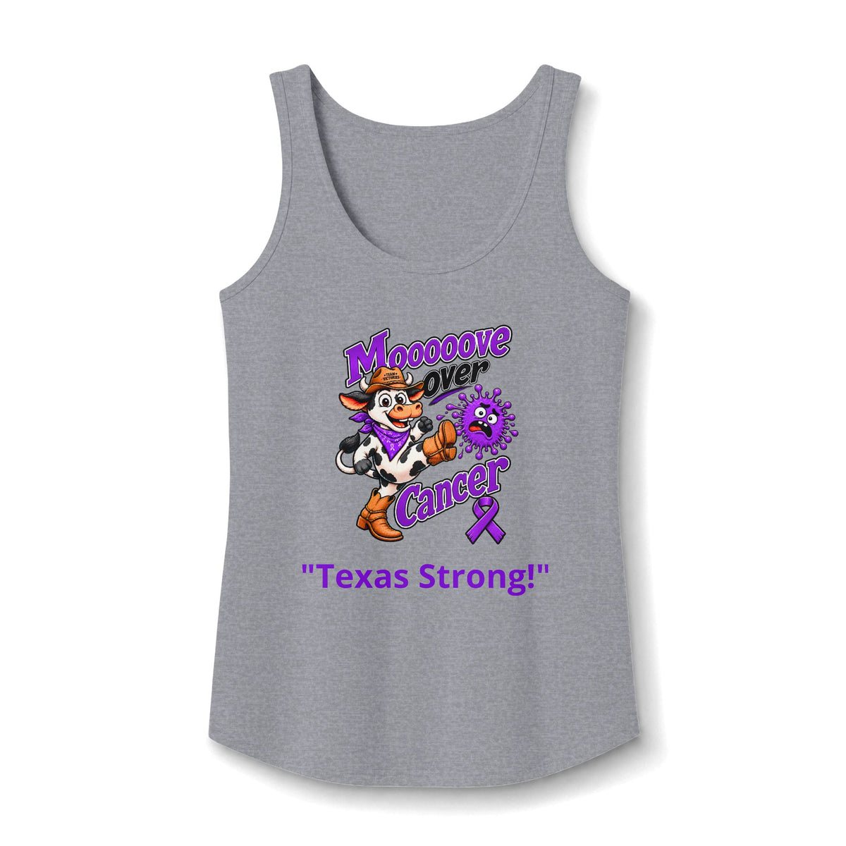 Heather gray Moooove Over Cancer Texas Strong tank top with Pancreatic Cancer awareness ribbon