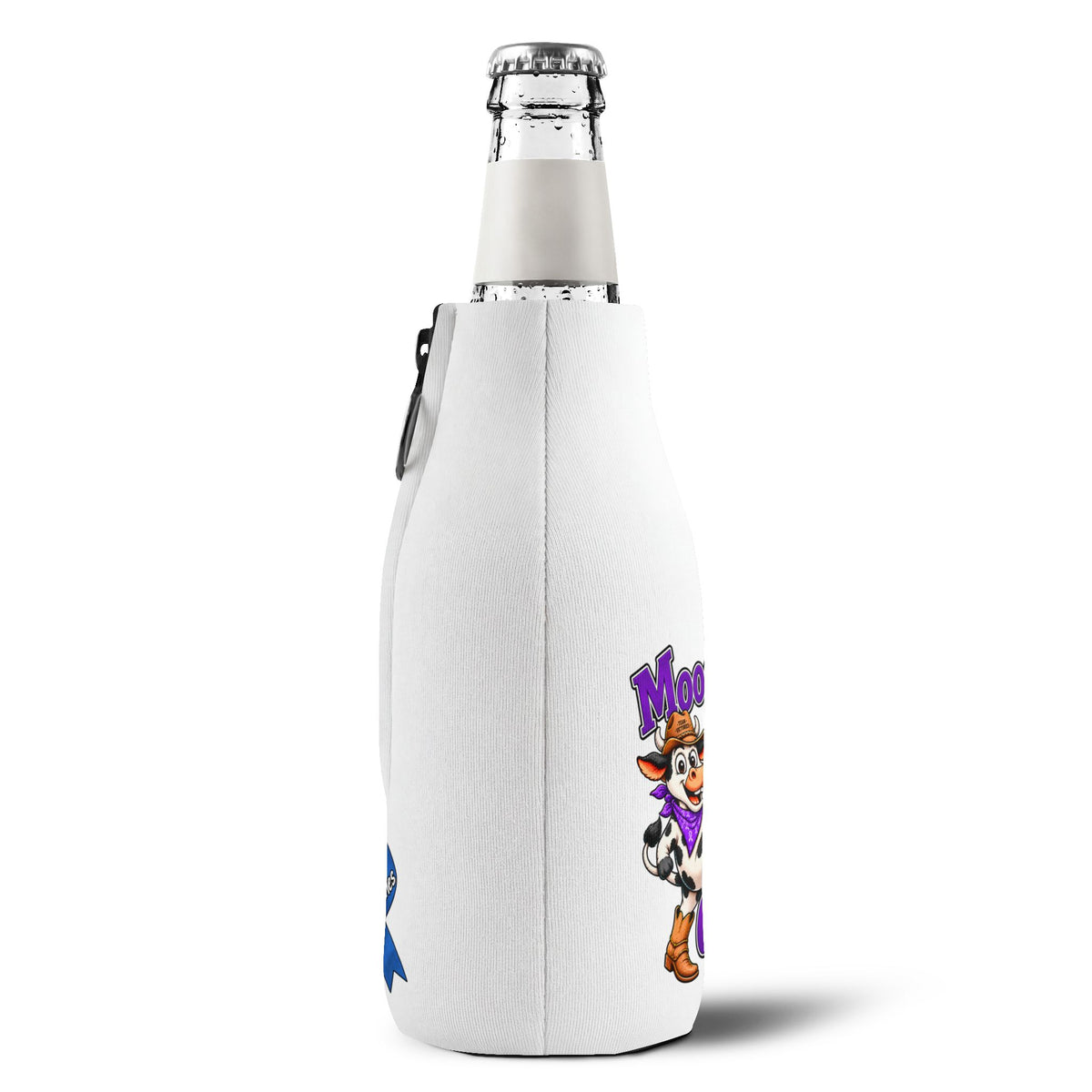 Side view of Moooove Over Cancer bottle cooler sleeve with printed design