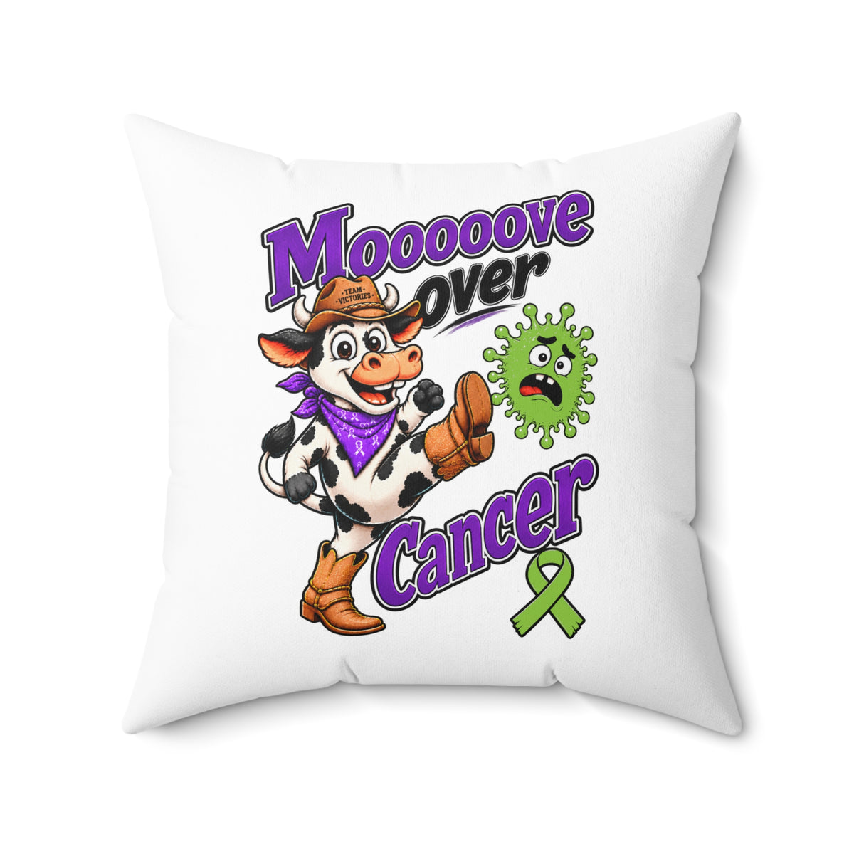 Close view of Moooove Over Cancer throw pillow and Non-Hodgkin/Lymphoma Cancer awareness ribbon design