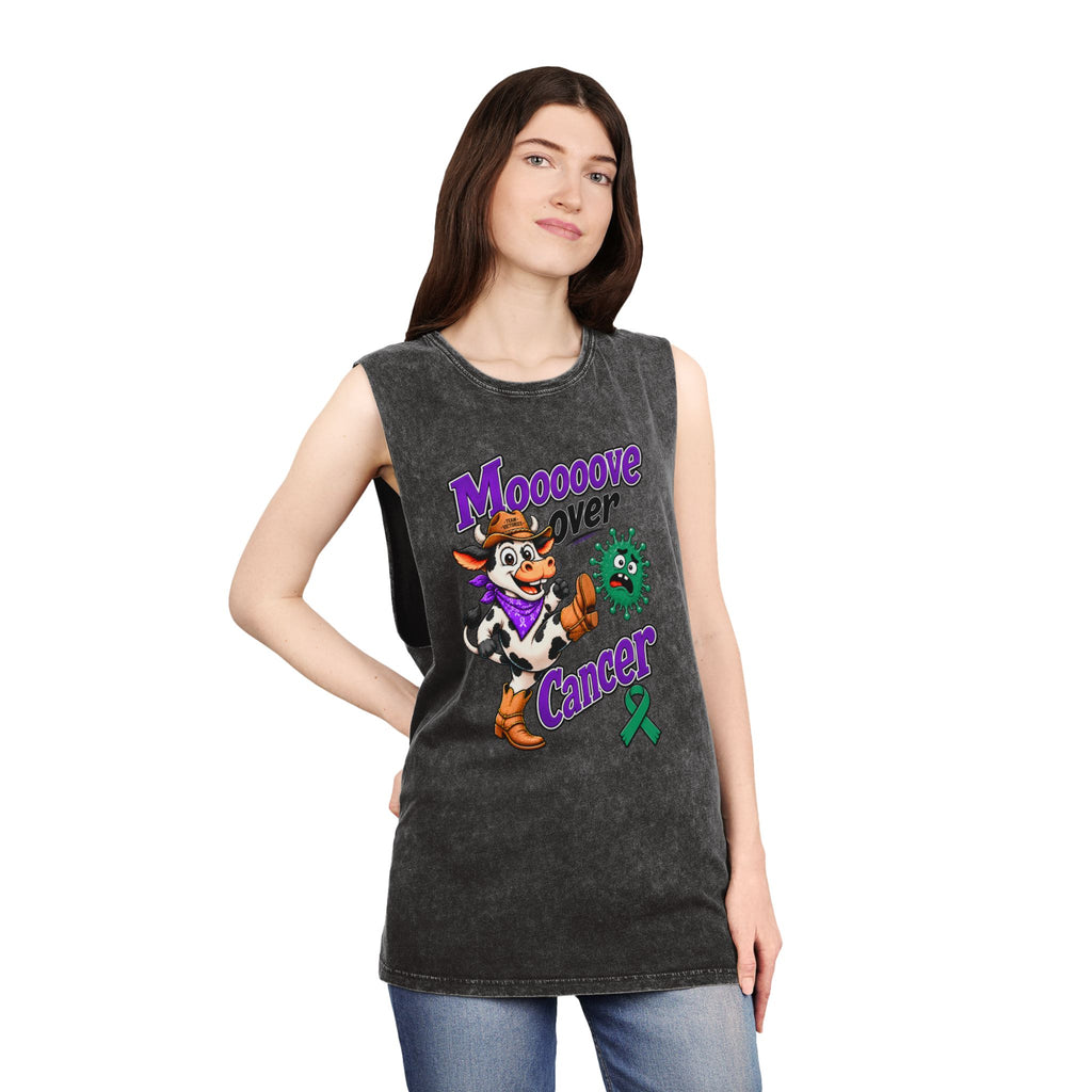 Model wearing the Moooove Over Cancer tank top with green Liver Cancer awareness ribbon