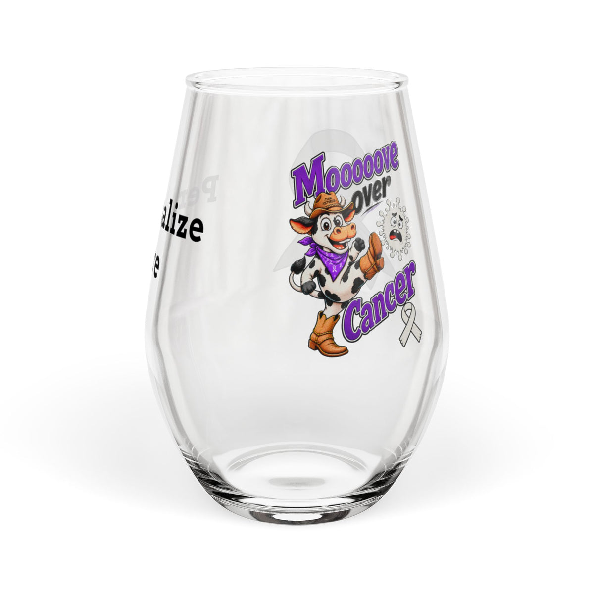 Moooove Over Cancer stemless wine glass with cow design and Lung Cancer awareness ribbon