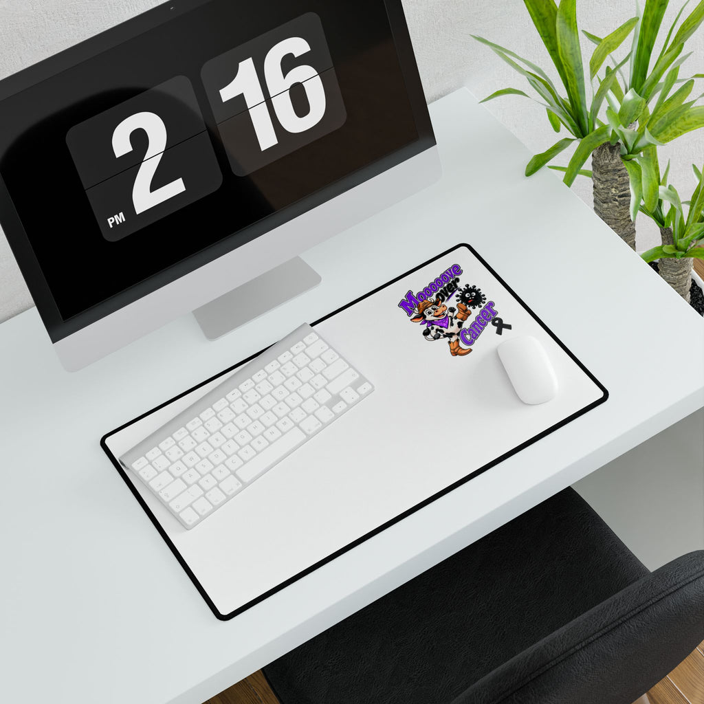 Moooove Over Cancer mouse pad displayed with a keyboard and desktop monitor