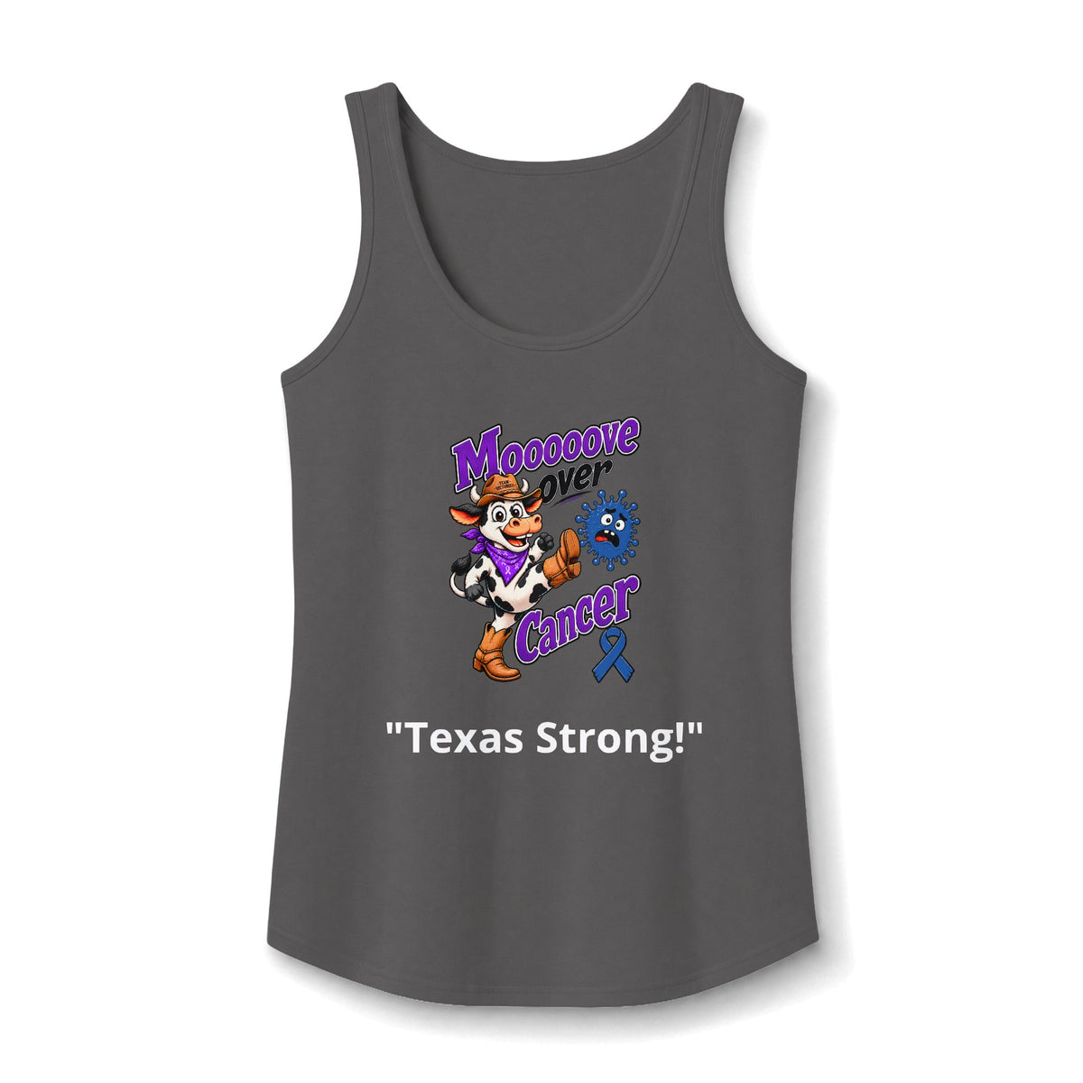 Moooove Over Cancer Texas Strong tank top with Colon Cancer awareness ribbon in charcoal