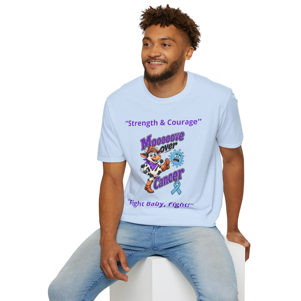 Folded pink Moooove Over Cancer T-shirt displaying the Strength & Courage design