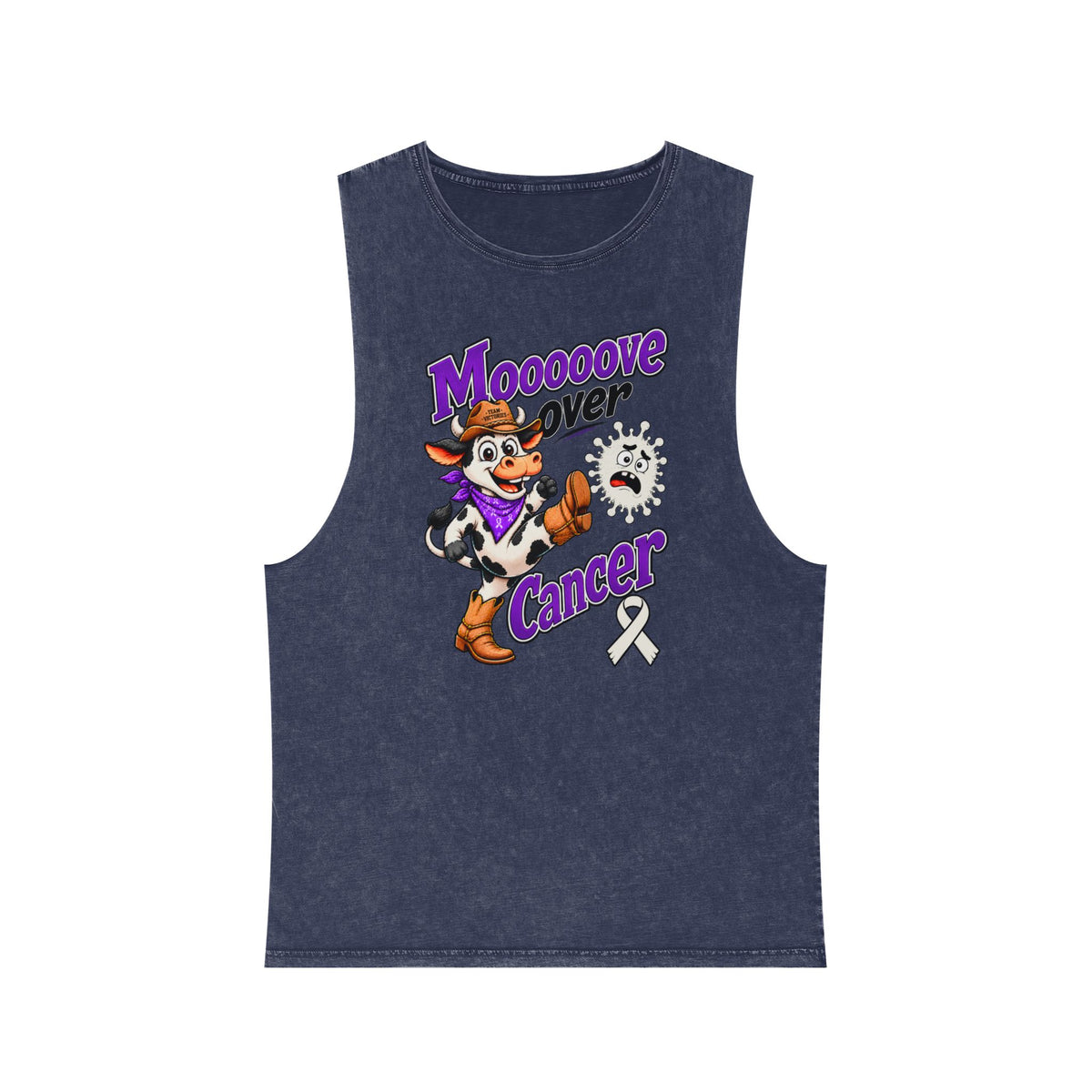 Moooove Over Cancer stonewashed tank top with Lung Cancer awareness ribbon, navy