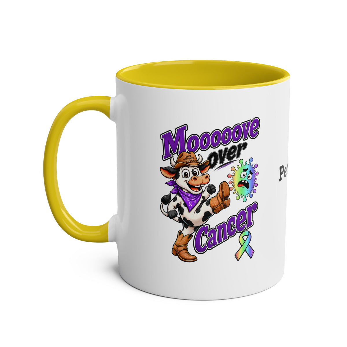 Yellow two-tone Moooove Over Cancer ceramic mug with cowgirl cancer awareness design