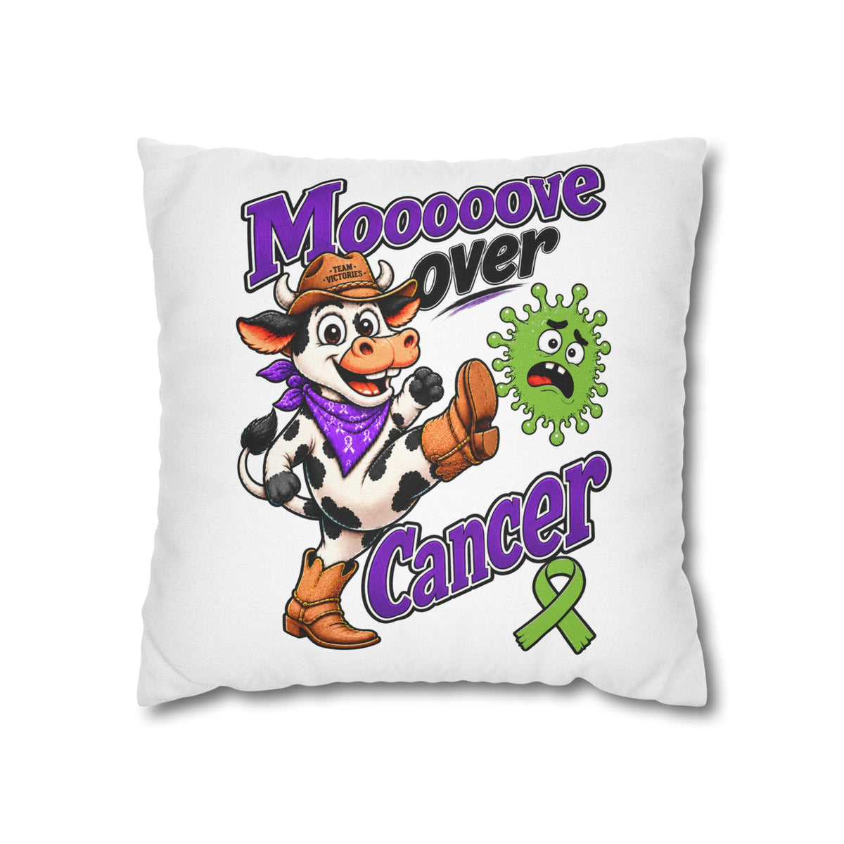 Moooove Over Cancer cow pillow cover featuring Team Victories artwork and awareness ribbon