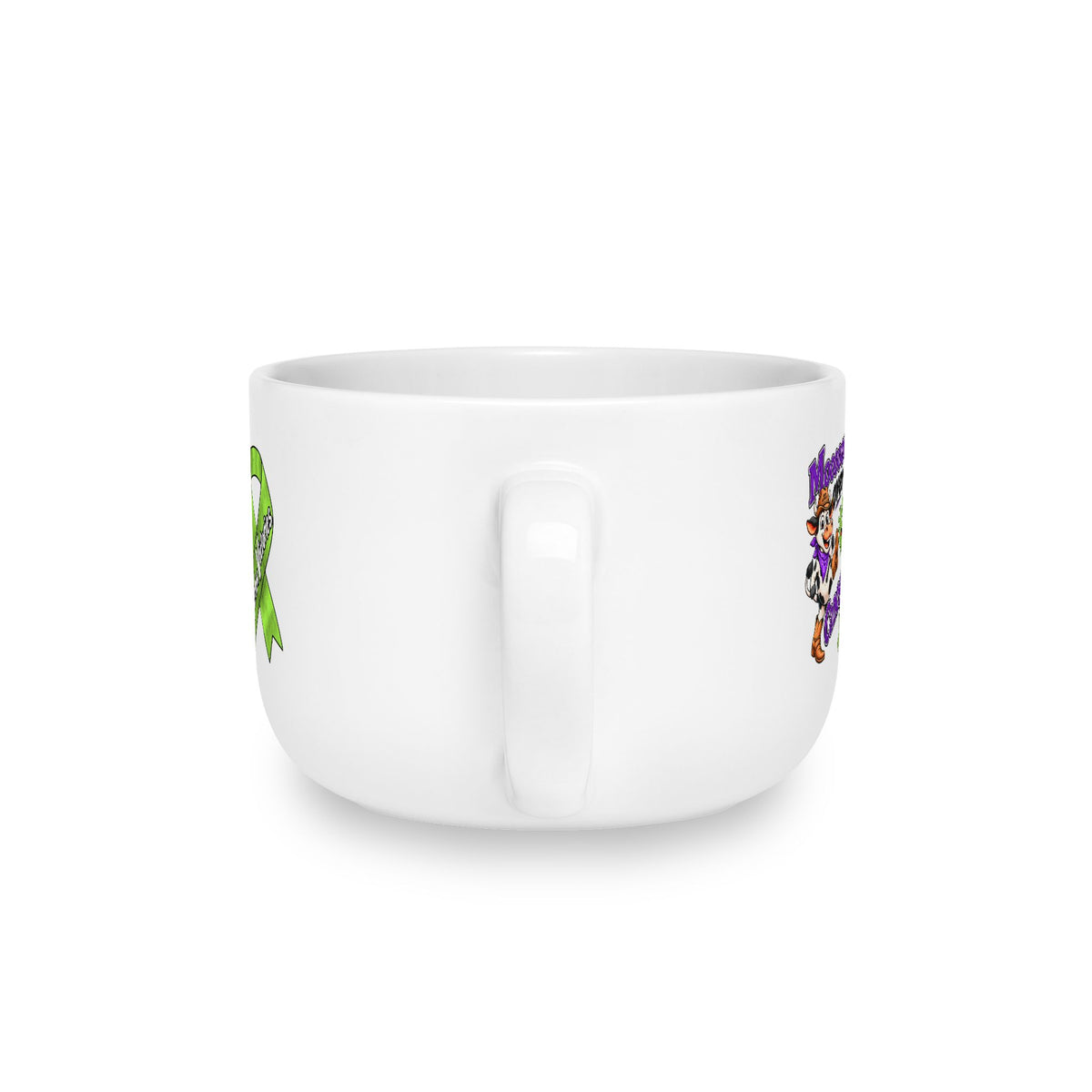Back view of the Moooove Over Cancer personalized 25 oz ceramic latte mug and handle